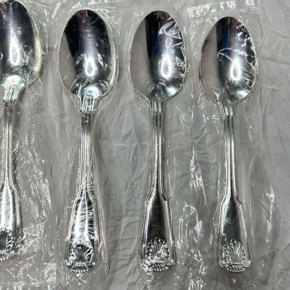 Vtg Olde Chelsea Pattern Silverplated 6 Dinner Spoons + Round Spoon in Plastic - Picture 7 of 15